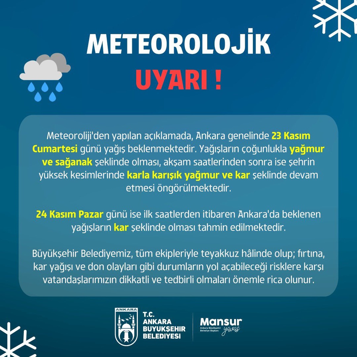 Ankara\'da Sağanak ve Kar Yağışı Bekleniyor