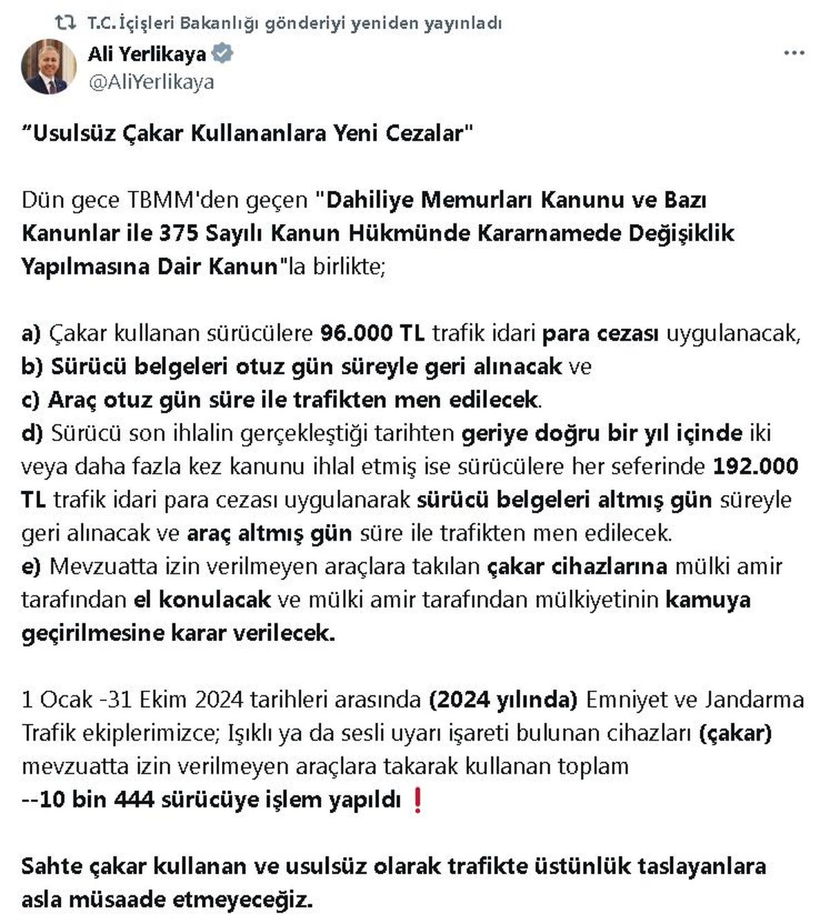 Işıklı ve Sesli Uyarı Cihazlarına Yeni Cezalar Uygulanacak