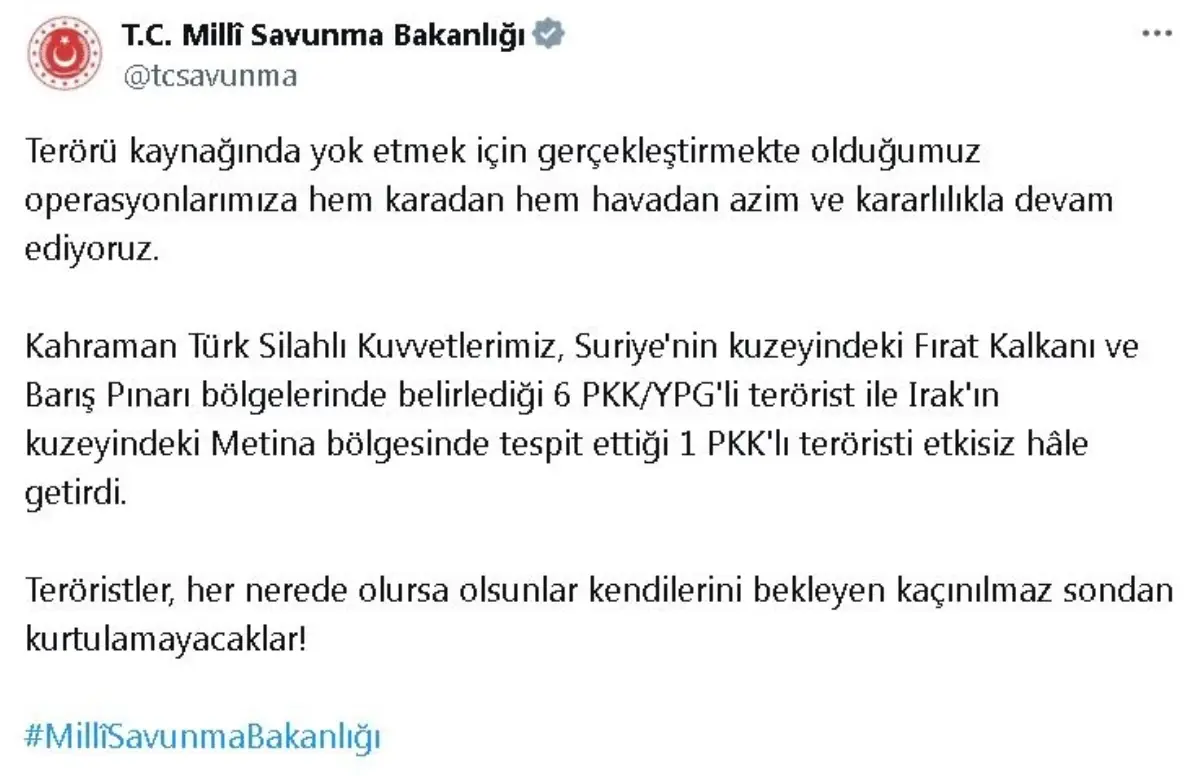 Milli Savunma Bakanlığı\'ndan Terörist Operasyonu Açıklaması