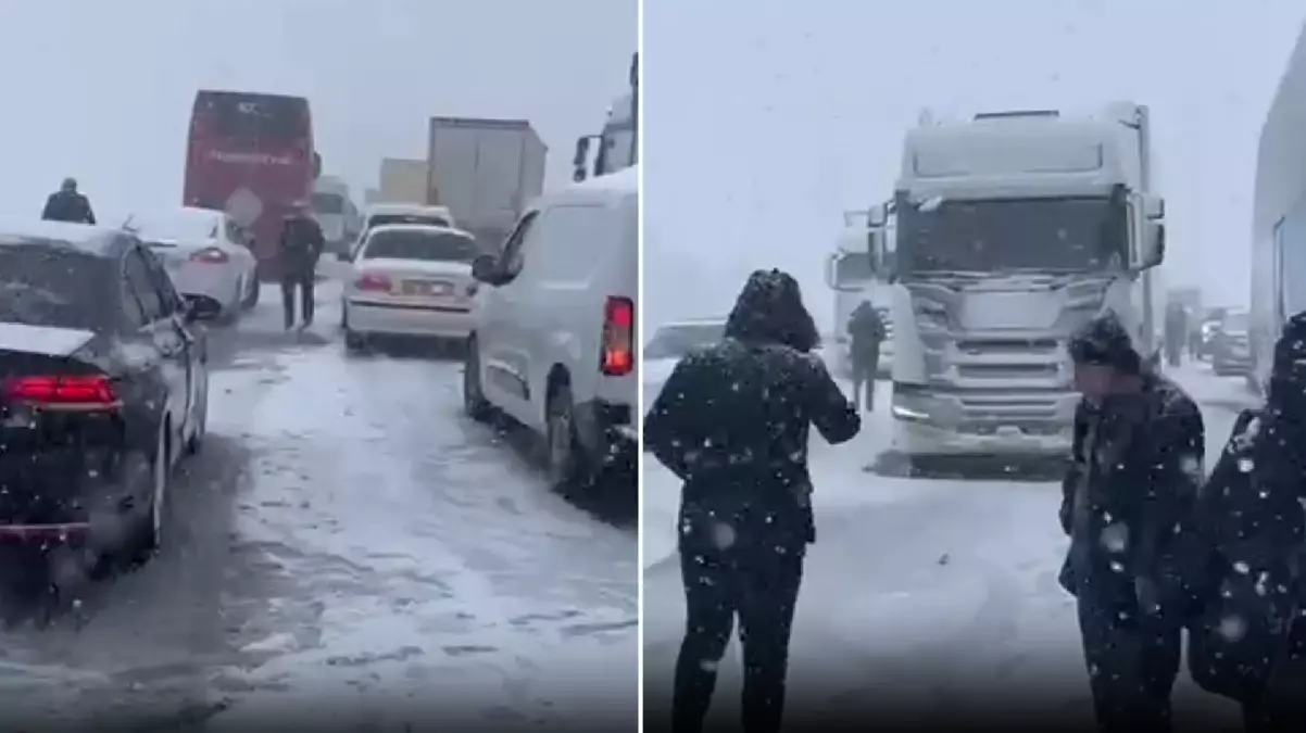 Ankara-İstanbul yolunda yoğun kar nedeniyle trafik durdu, vatandaşlar dakikalarca yolda bekledi