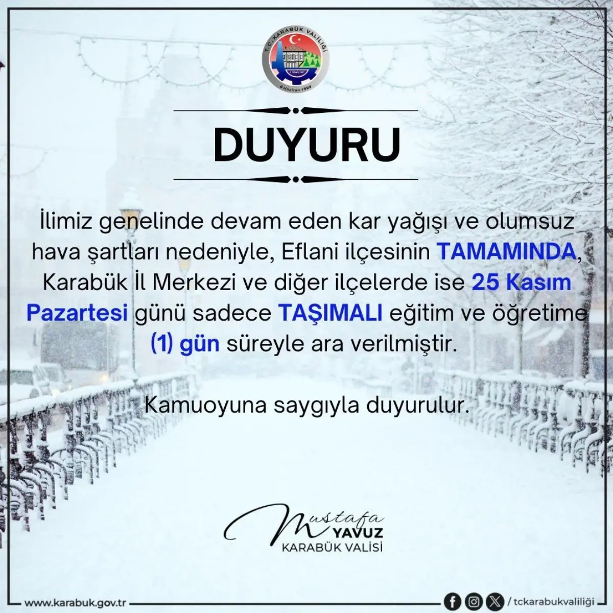 Karabük\'te Kar Yağışı Nedeniyle Eğitim ve Ulaşımda Aksama