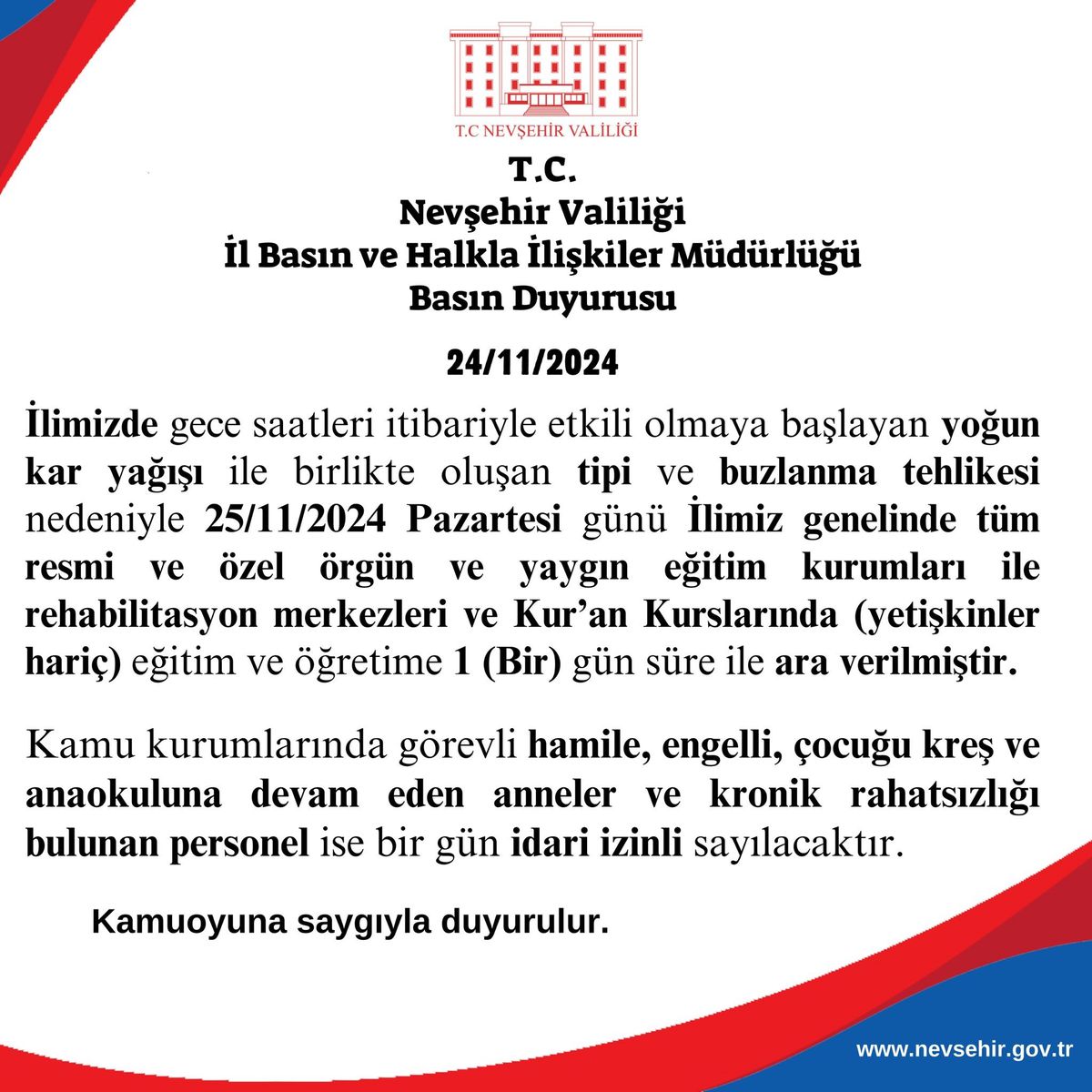 Nevşehir\'de Okullar 1 Gün Tatil
