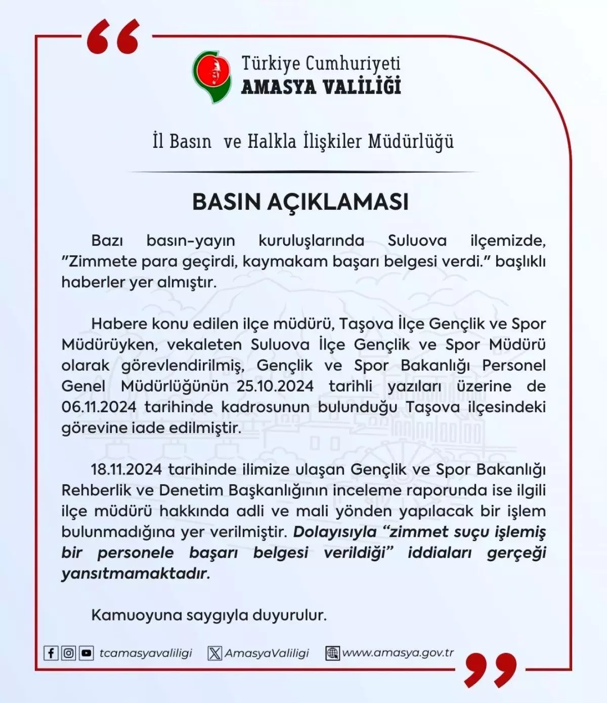 Amasya Valiliği\'nden Zimmet Suçu Açıklaması