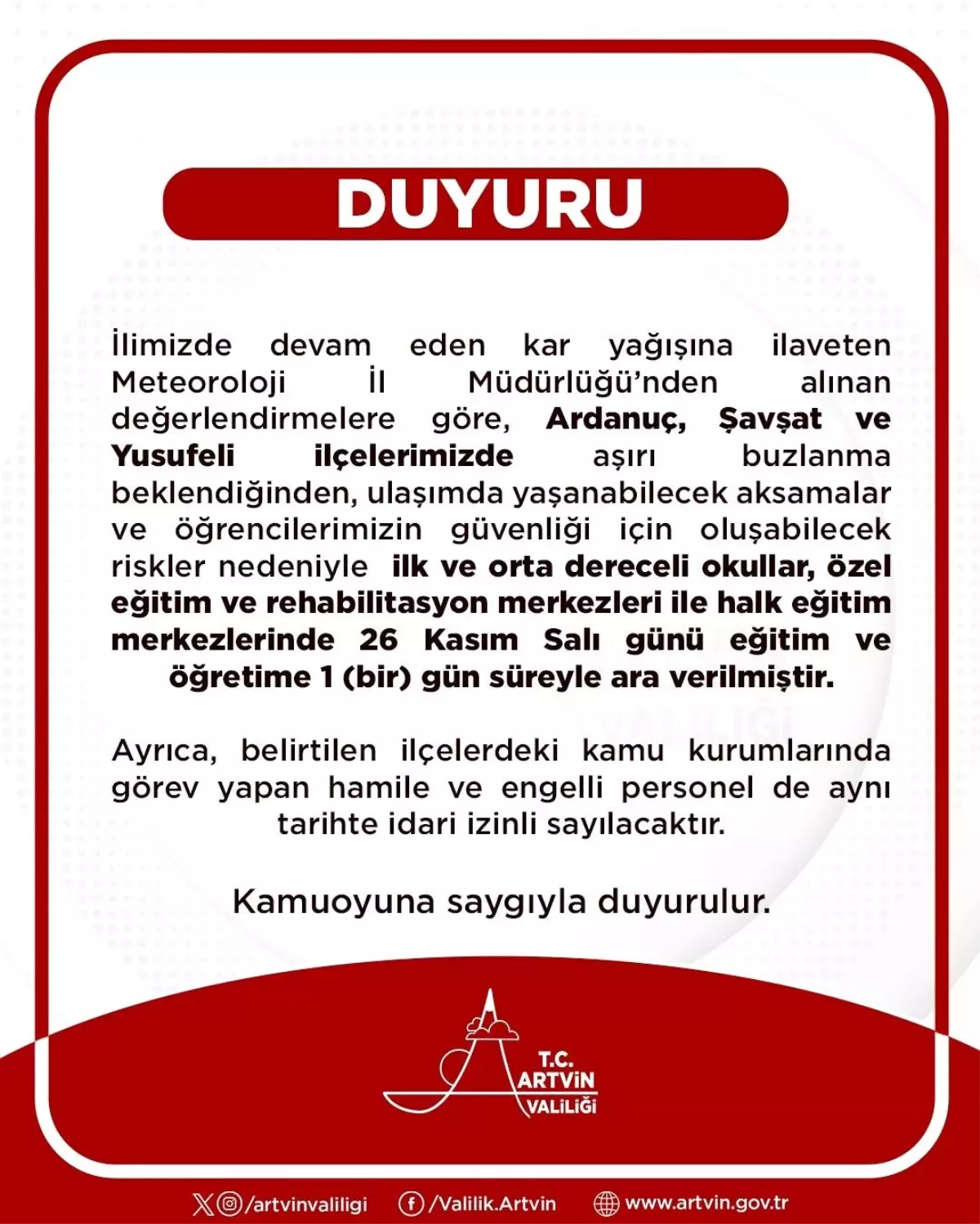 Artvin\'de Eğitime Kar Molası