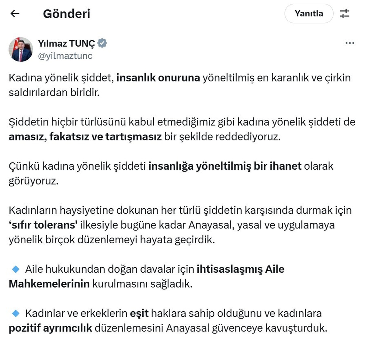Bakan Tunç\'tan Kadına Yönelik Şiddet İçin Sıfır Tolerans Vurgusu
