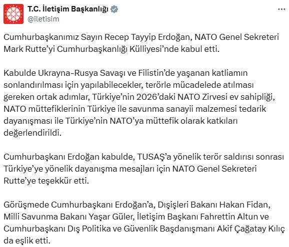 Cumhurbaşkanı Erdoğan, NATO Genel Sekreteri Rutte'yi ağırladı