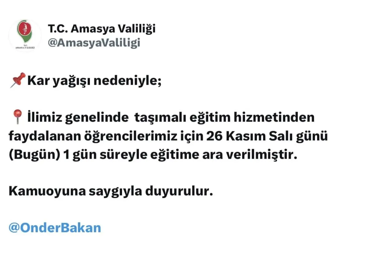 Amasya\'da Kar Yağışı Nedeniyle Taşımalı Eğitime Ara Verildi