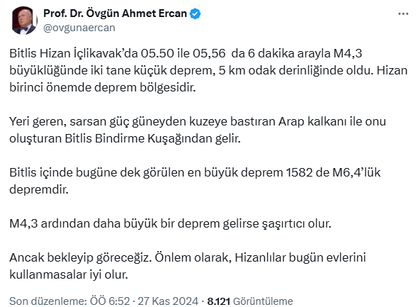 Deprem uzmanı Ahmet Ercan: Hizanlılar bugün evlerini kullanmasalar iyi olur