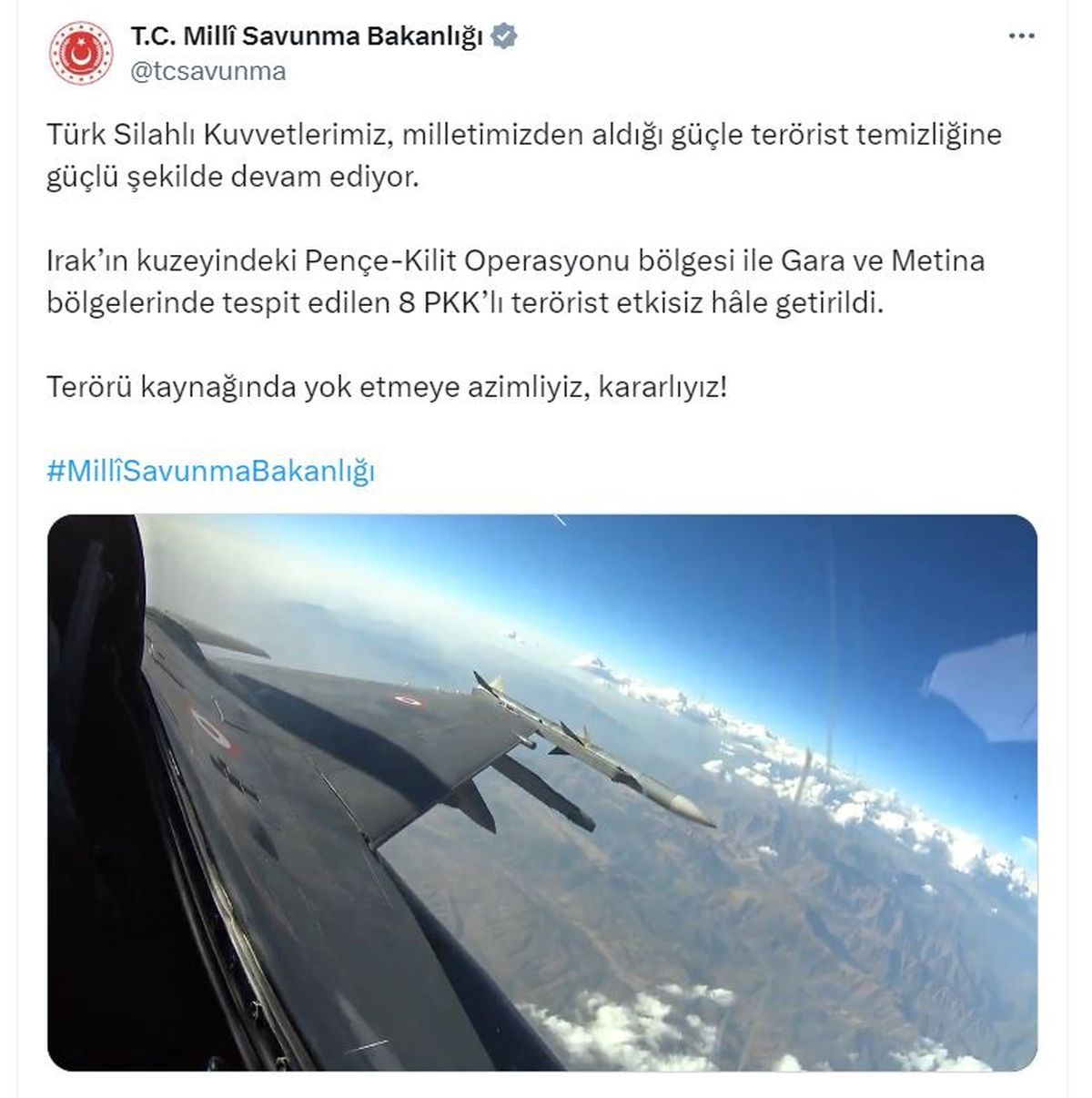 MSB, Irak’ın Kuzeyinde 8 PKK\'lı Teröristi Etkisiz Hale Getirdi