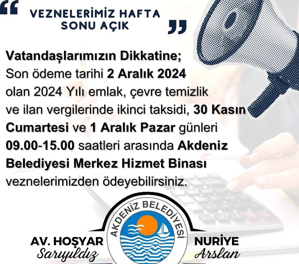 Mersin\'de Emlak Vergi Ödemeleri İçin Vezneler Hafta Sonu Açık