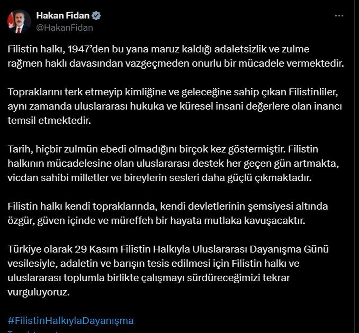 Dışişleri Bakanı Hakan Fidan\'dan Filistin\'e Dayanışma Mesajı