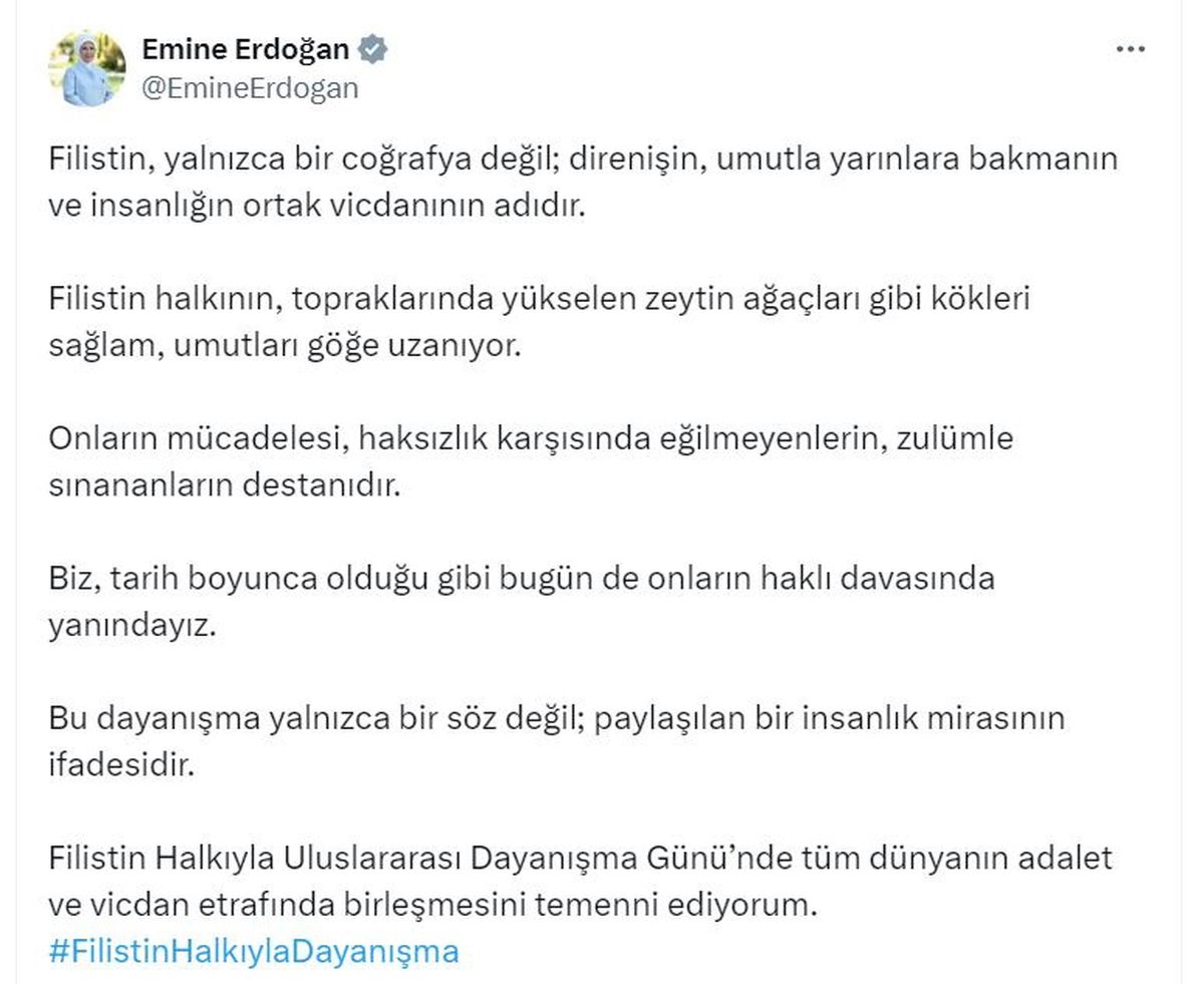 Emine Erdoğan\'dan \'Filistin Halkıyla Uluslararası Dayanışma Günü\' paylaşımı