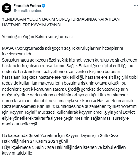 Yenidoğan çetesi soruşturması kapsamında kapatılan 8 özel hastaneye kayyum atandı