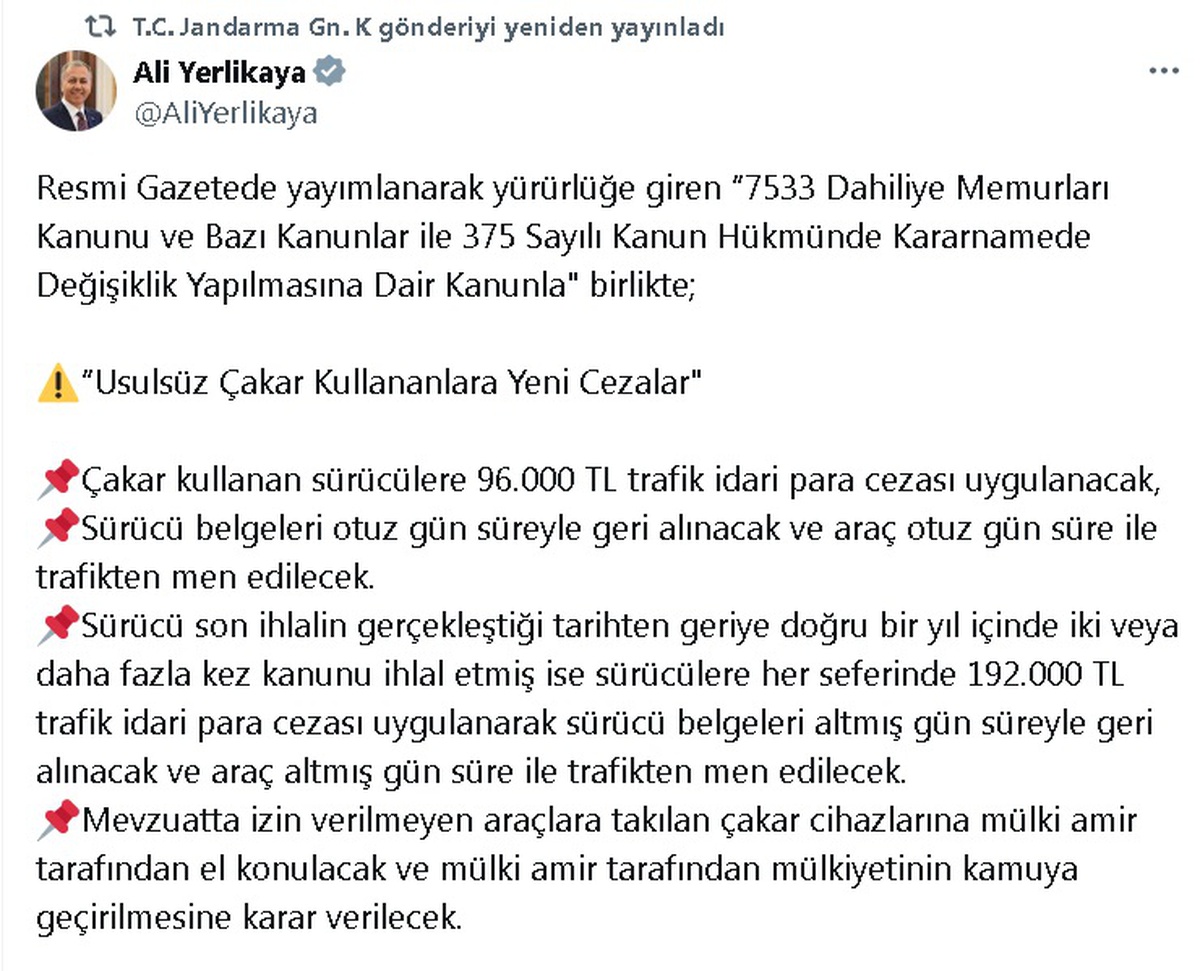 Usulsüz Çakar Kullananlara 96 Bin TL Ceza Getirildi