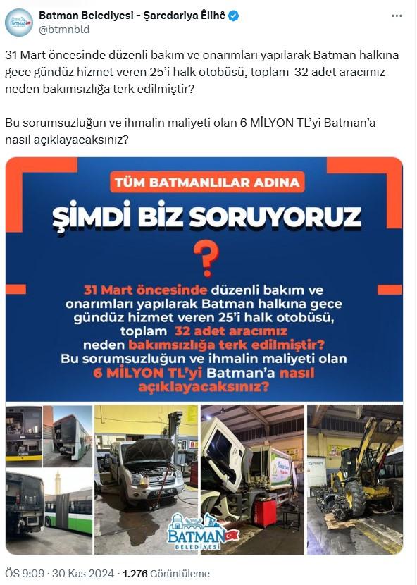 Batman Belediyesi'nden kayyum atanan önceki yönetime çarpıcı soru: 6 milyon TL'yi Batman halkına nasıl açıklayacaksınız?