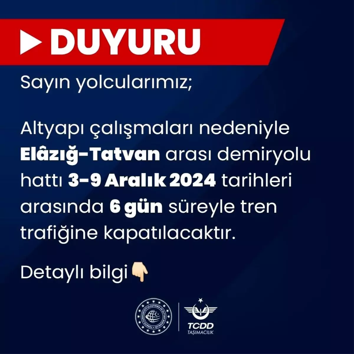 Elazığ-Tatvan Demir Yolu 6 Gün Kapalı