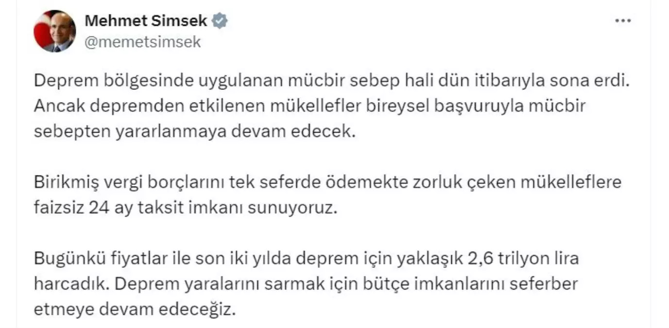 Maliye Bakanı Şimşek: Deprem için 2,6 Trilyon Lira Harcadık