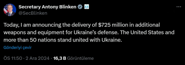 ABD'den Ukrayna'ya 725 Milyon Dolarlık Ek Silah ve Teçhizat Desteği