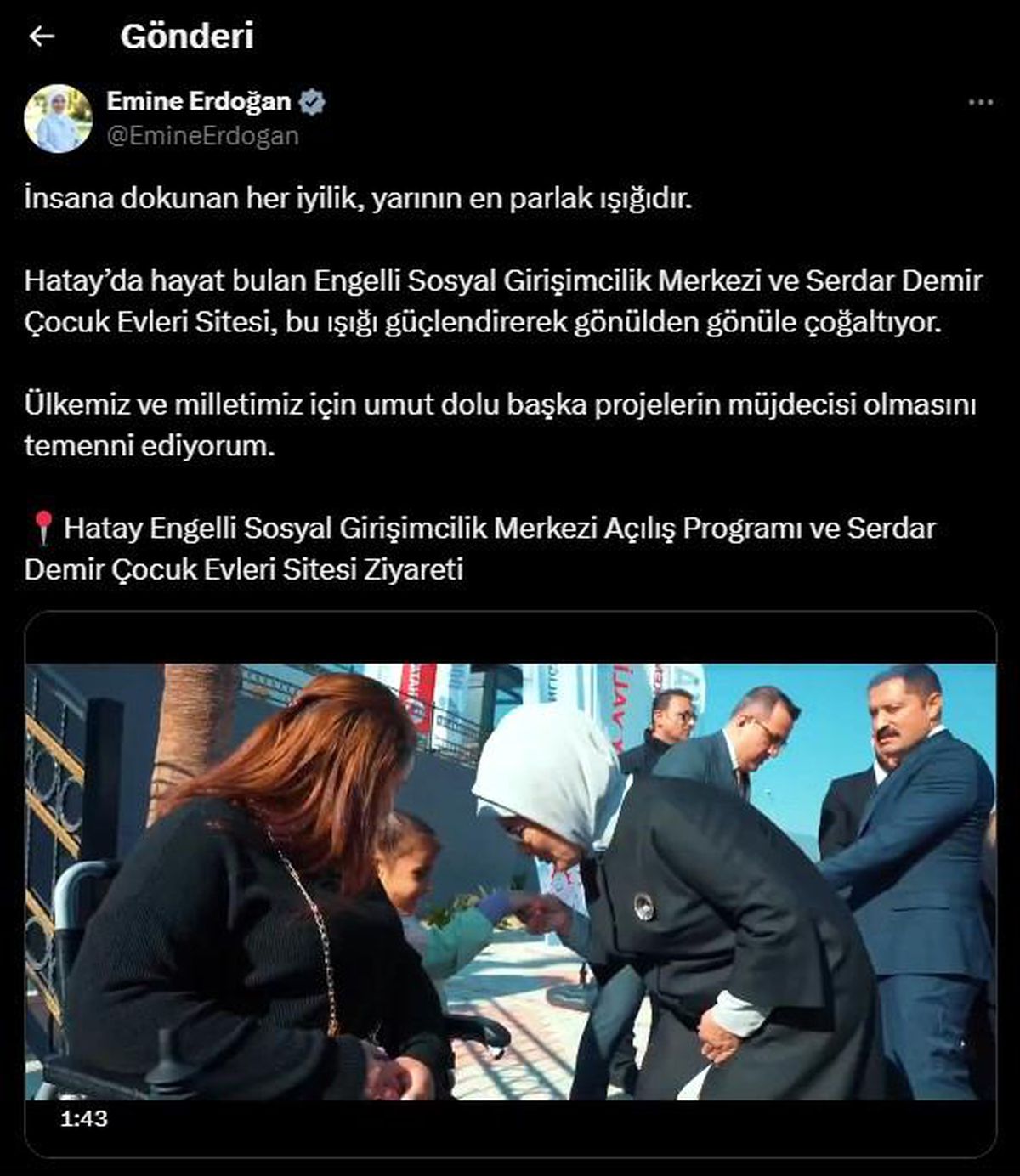 Emine Erdoğan\'dan Hatay ziyaretine ilişkin paylaşım