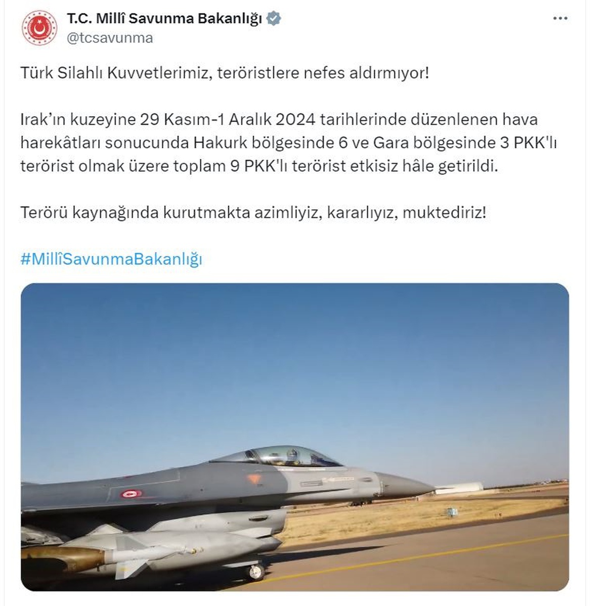 Irak\'ın Kuzeyine Düzenlenen Hava Harekatında 9 PKK\'lı Terörist Etkisiz Hale Getirildi