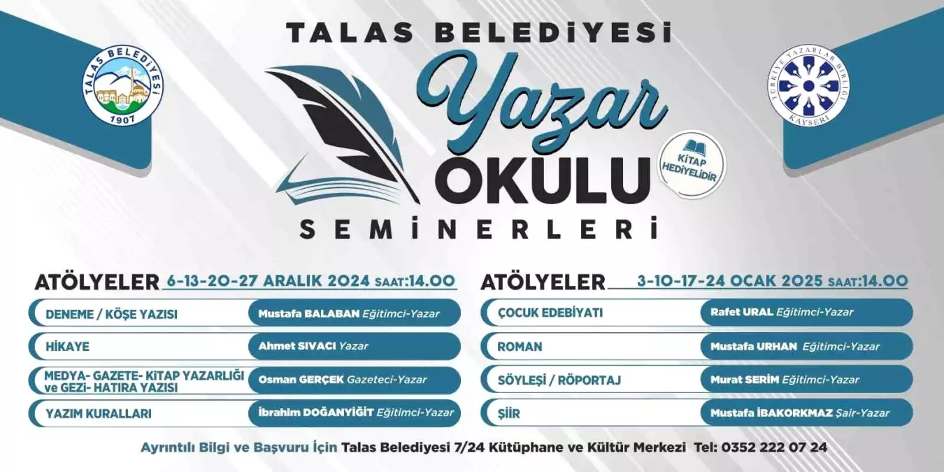 Talas Belediyesi\'nden Yazar Okulu Seminerleri Programı Başlıyor