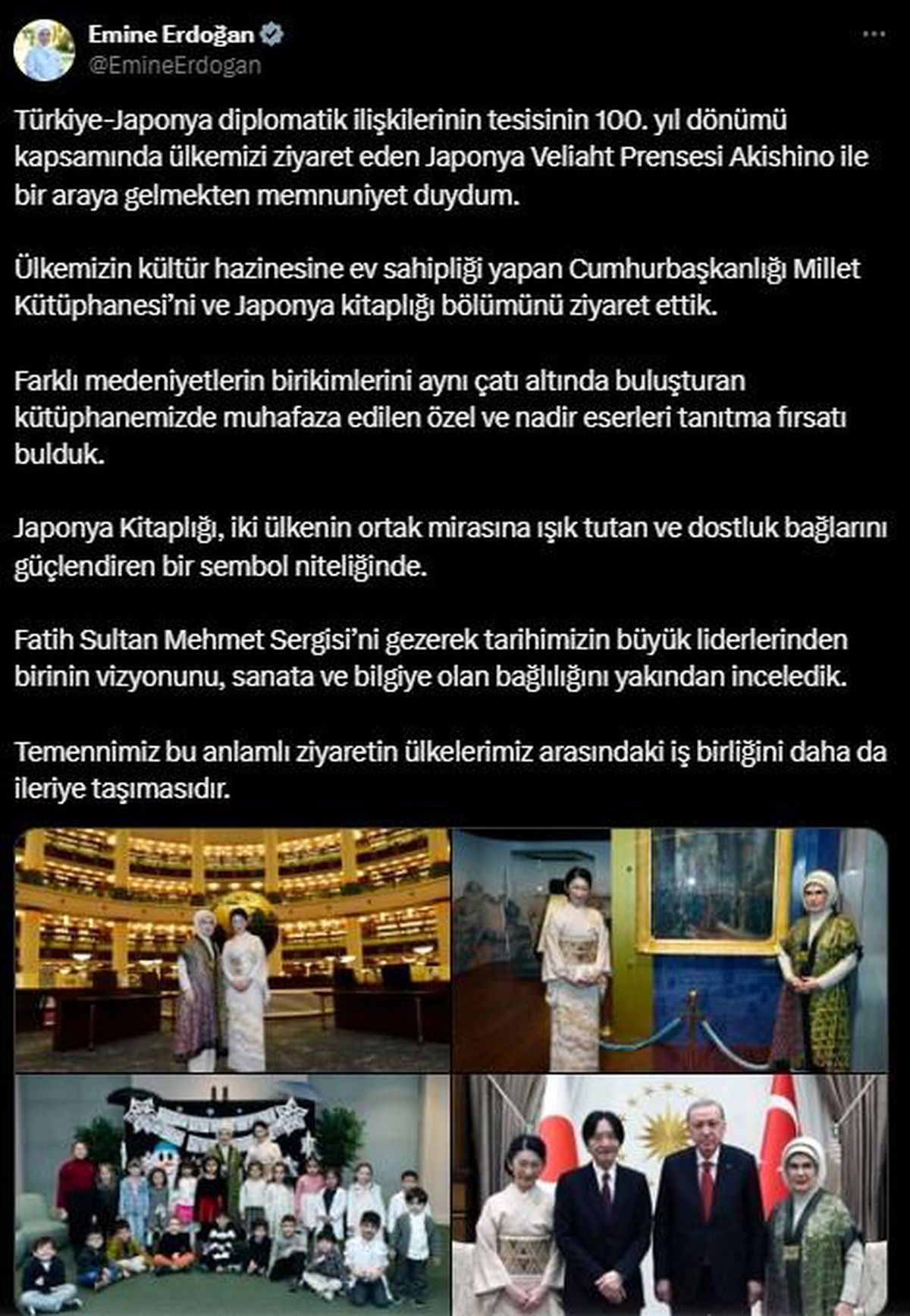 Emine Erdoğan\'dan Japonya Veliaht Prensesi Akishino ile görüşmesine ilişkin paylaşım Açıklaması