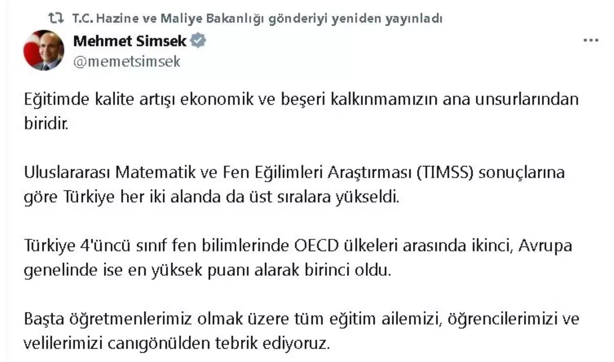 Bakan Şimşek\'ten TIMSS Başarısına Kutlama