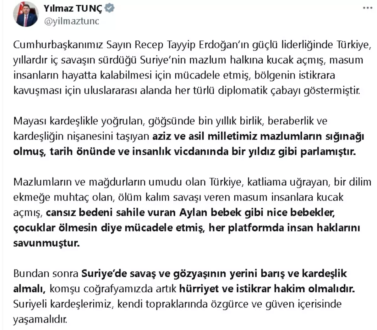 Tunç: Suriye\'de Barış ve Kardeşlik Önemli