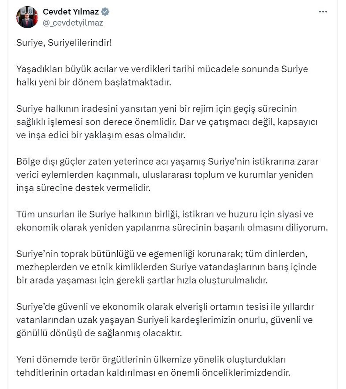 Cevdet Yılmaz: Suriye\'de güvenli ortamın tesisi ile gönüllü dönüş sağlanmış olacak