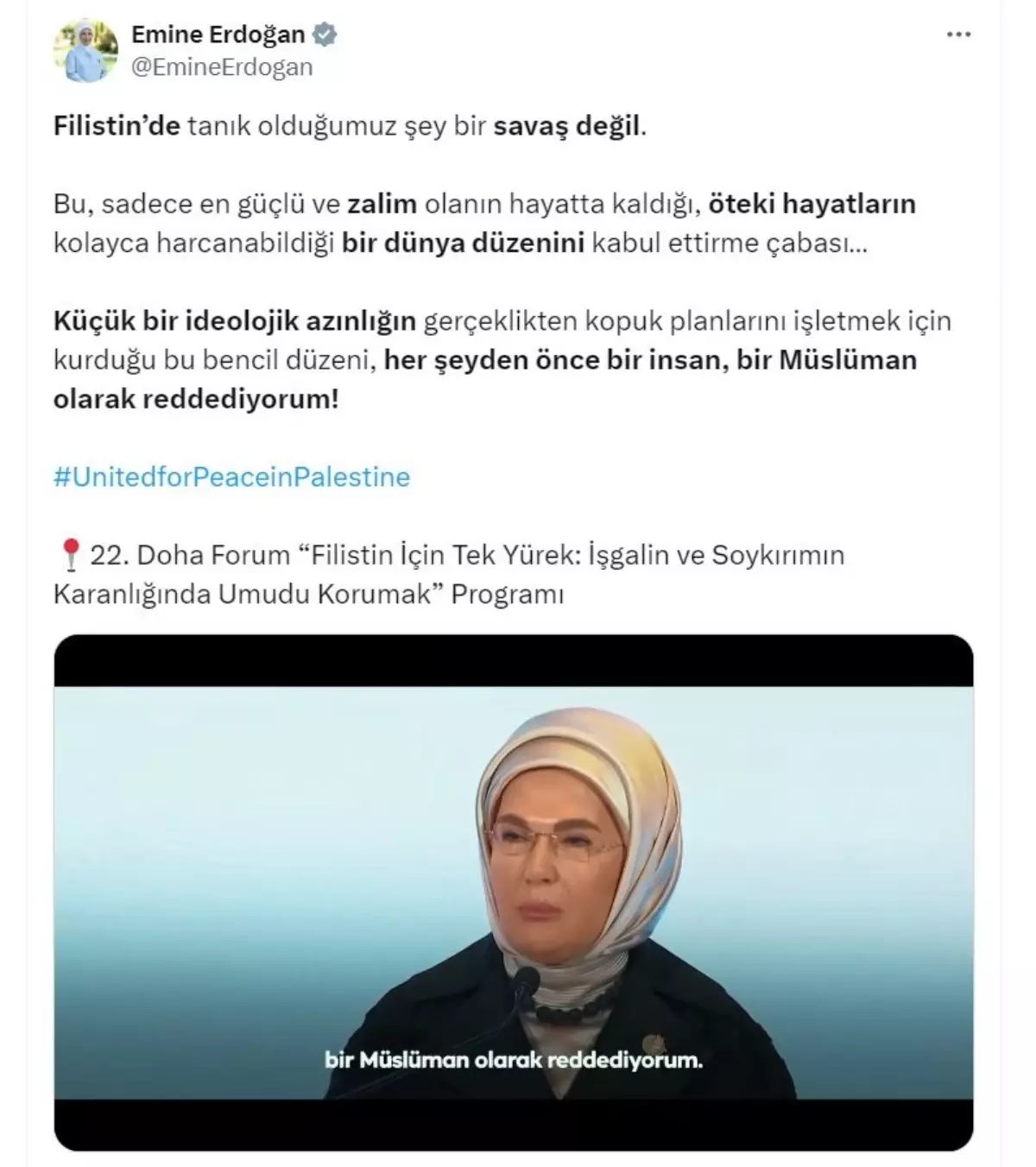 Emine Erdoğan\'dan İsrail\'e sert tepki: \'Bencil düzeni reddediyorum\'