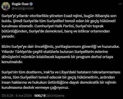 Özgür Özel'den Suriye İçin Geçiş Hükümeti Çağrısı Özgür Özel'den Suriye İçin Geçiş Hükümeti Çağrısı