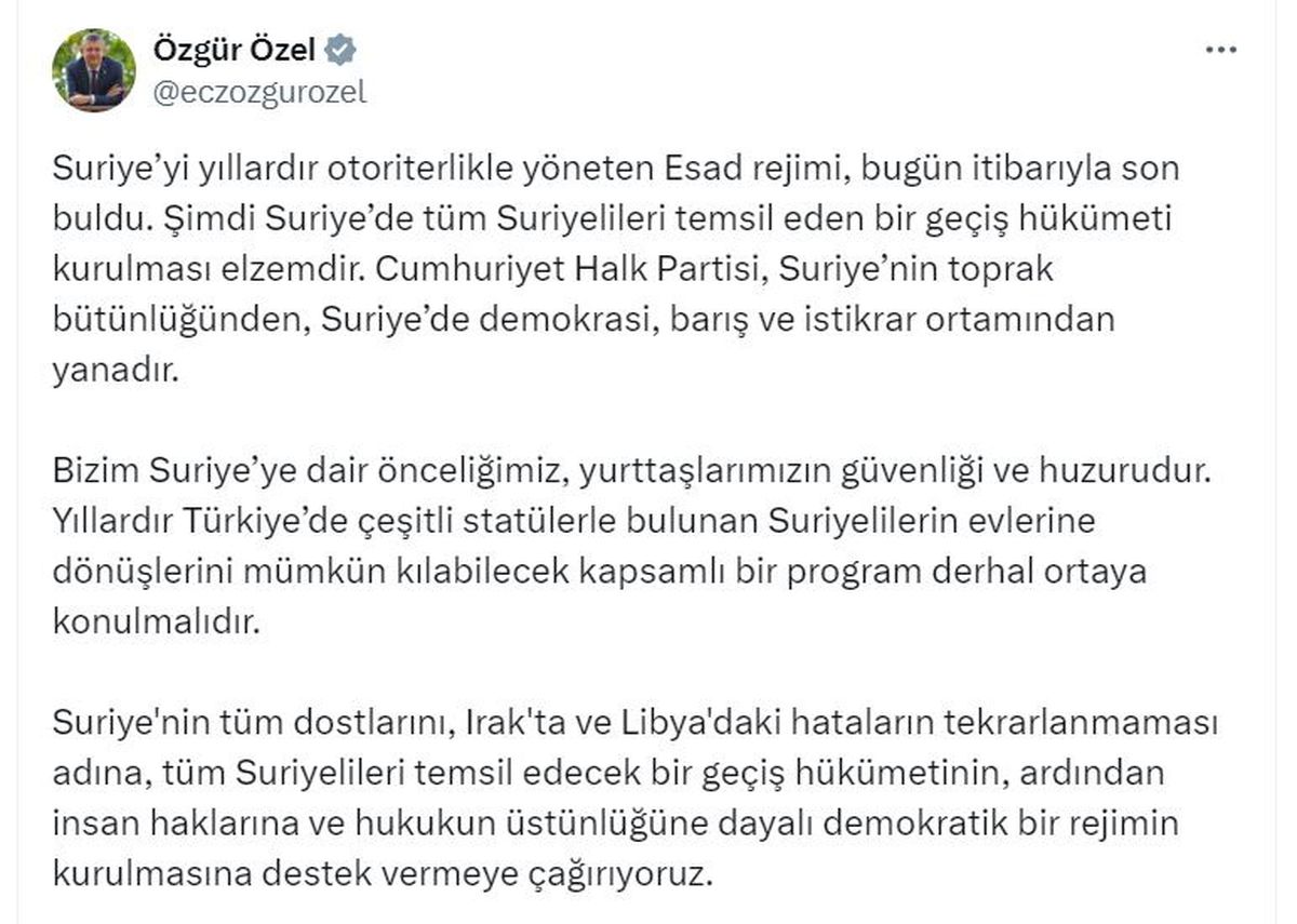 CHP Lideri Özgür Özel\'den Suriye ile İlgili Açıklama