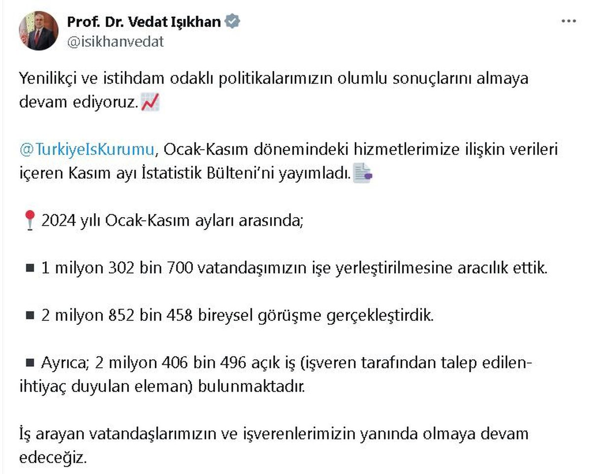 Bakan Işıkhan: 2024\'te 1.3 Milyon Kişi İşe Yerleştirildi