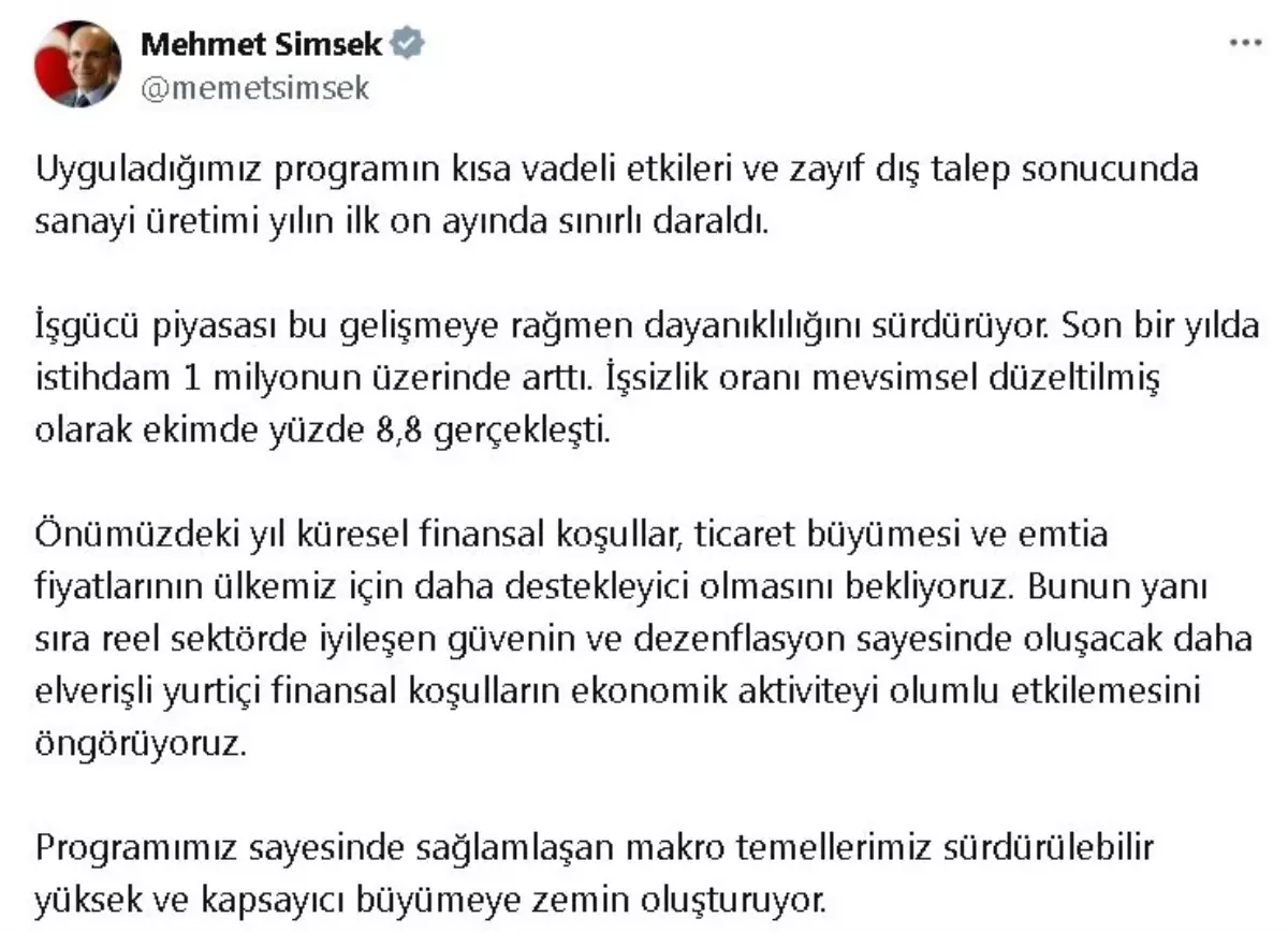 Bakan Şimşek: Sanayi Üretimi Yılın İlk 10 Ayında Sınırlı Daraldı