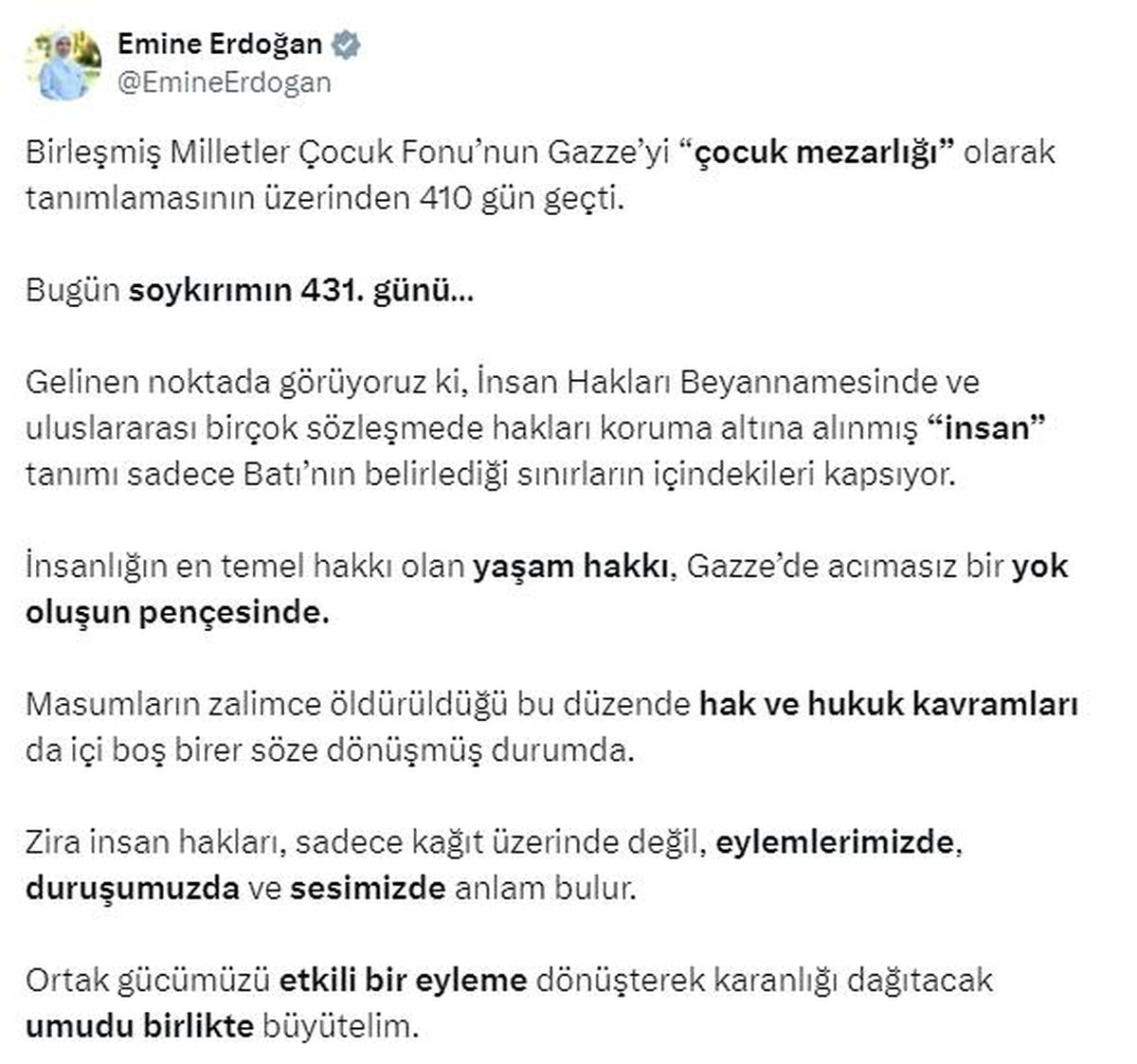 Emine Erdoğan\'dan \'10 Aralık Dünya İnsan Hakları Günü\' paylaşımı