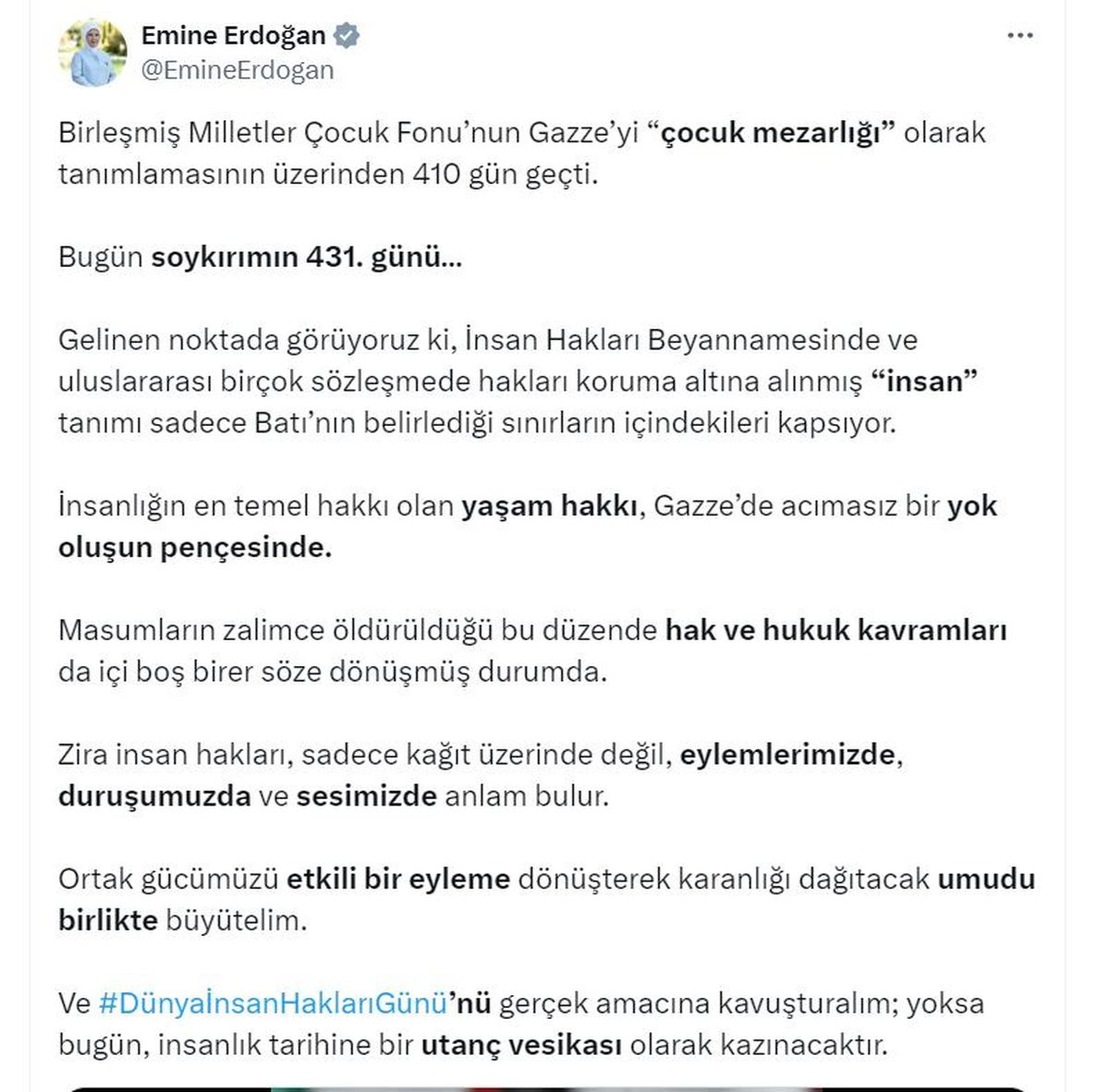 Emine Erdoğan\'dan \'Dünya İnsan Hakları Günü\' paylaşımı