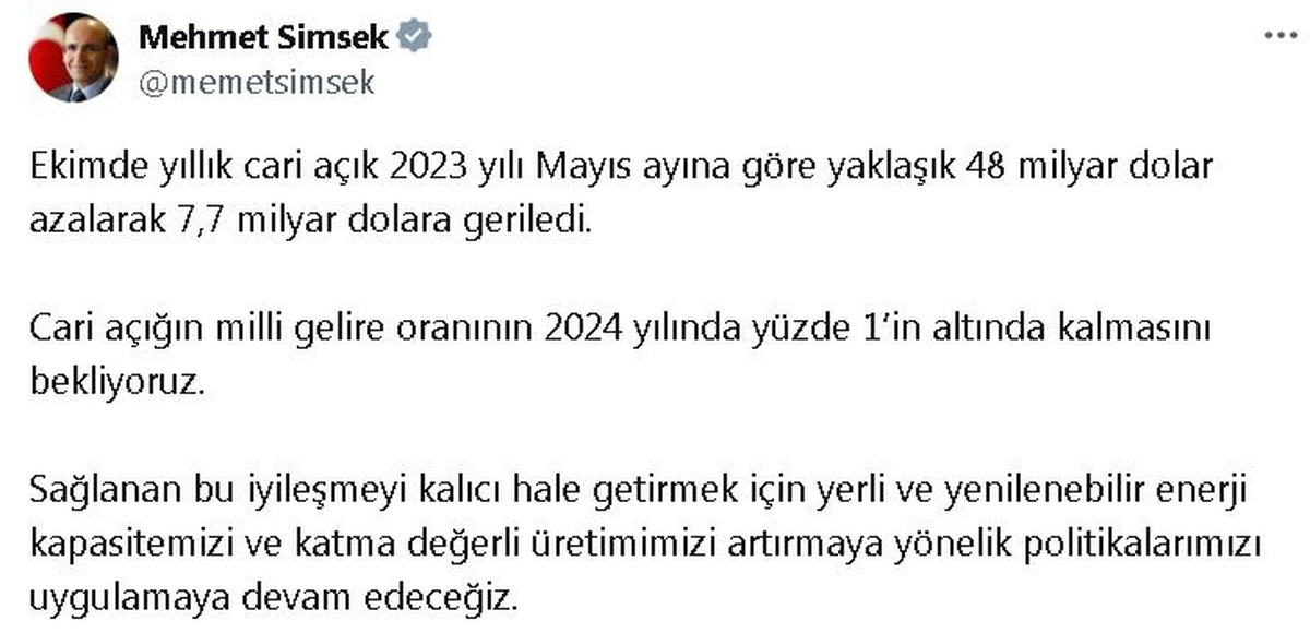 Bakan Şimşek: Cari Açık 2024\'te Yüzde 1\'in Altında Olacak