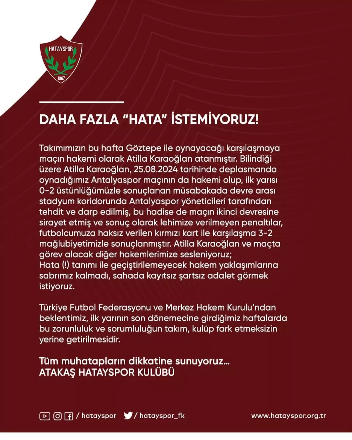 Hatayspor\'dan Hakem Atilla Karaoğlan\'a Tepki