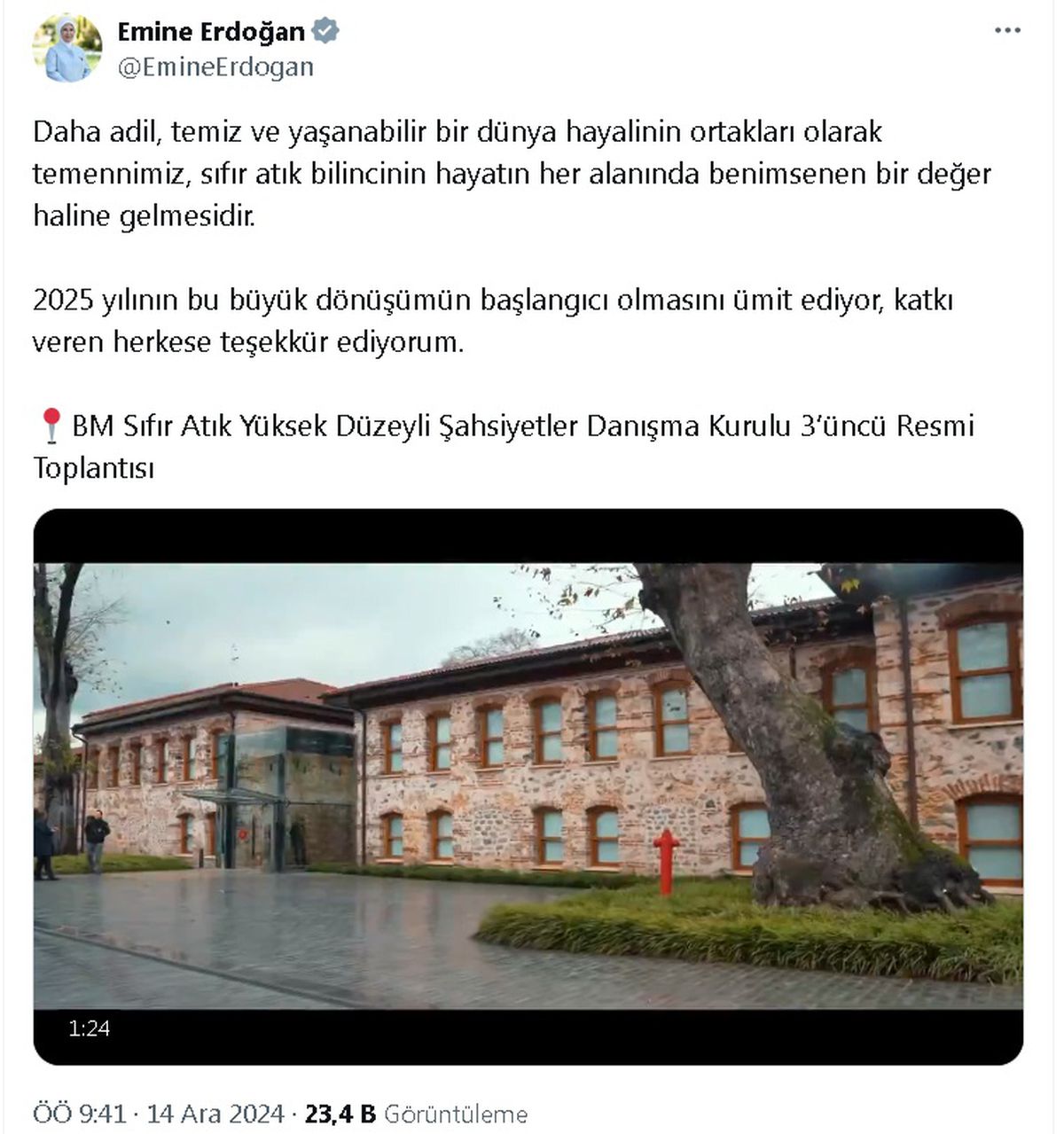 Emine Erdoğan\'dan \'BM Sıfır Atık Yüksek Düzeyli Şahsiyetler Danışma Kurulu Toplantısı\' paylaşımı