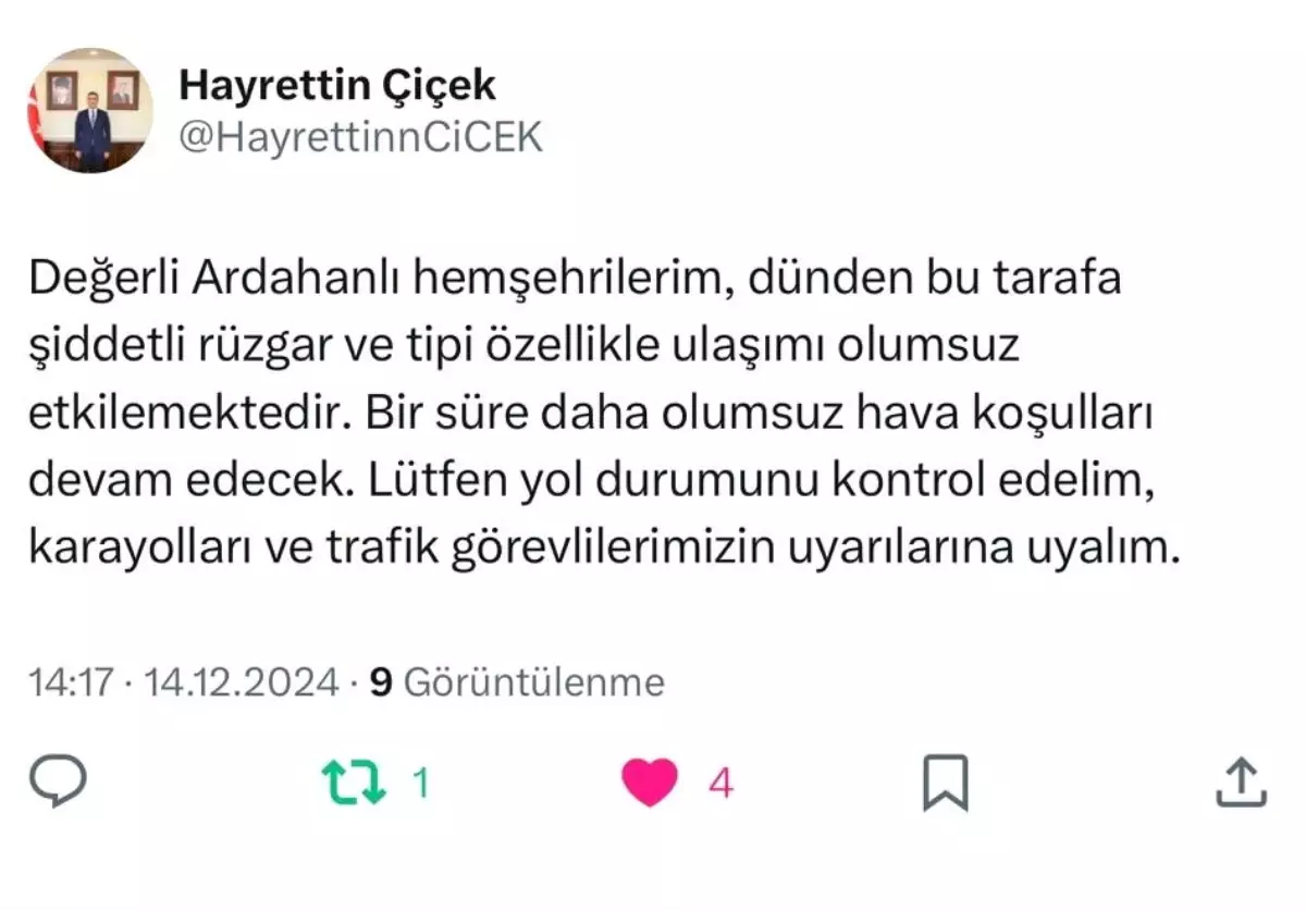 Ardahan\'da Kar ve Tipi Uyarısı