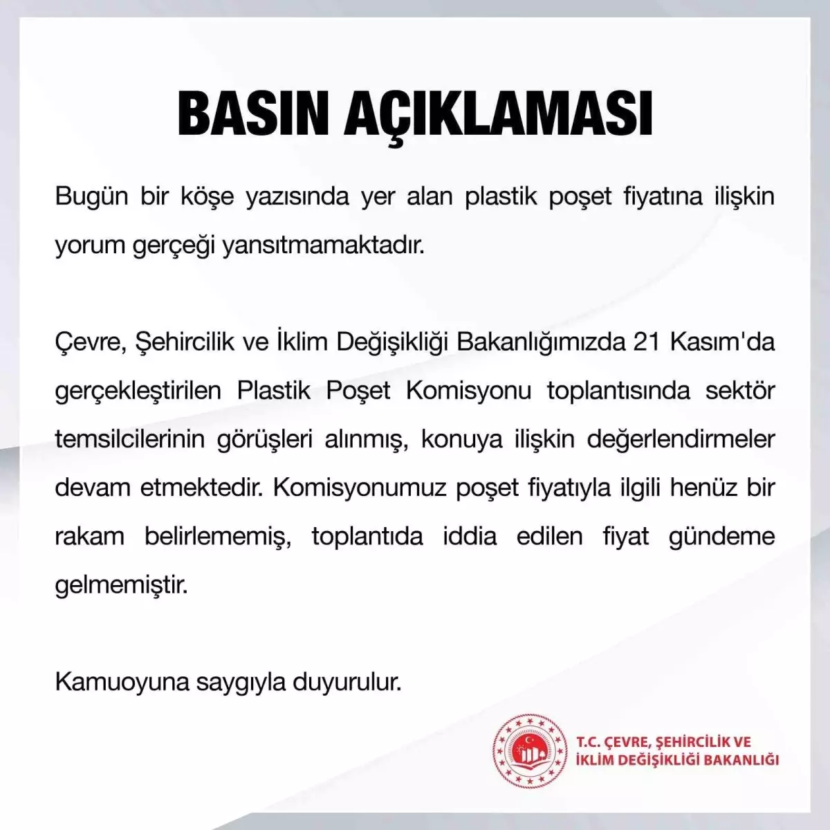 Bakanlık: Plastik Poşet Fiyatı Yanlış Bilgi