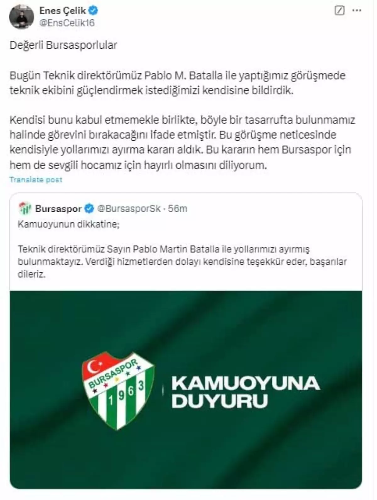 Bursaspor, Teknik Direktör Pablo Martin Batalla ile Yollarını Ayırdı