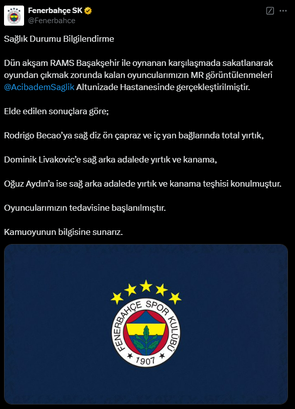 Fenerbahçe'den üç isim için sakatlık açıklaması