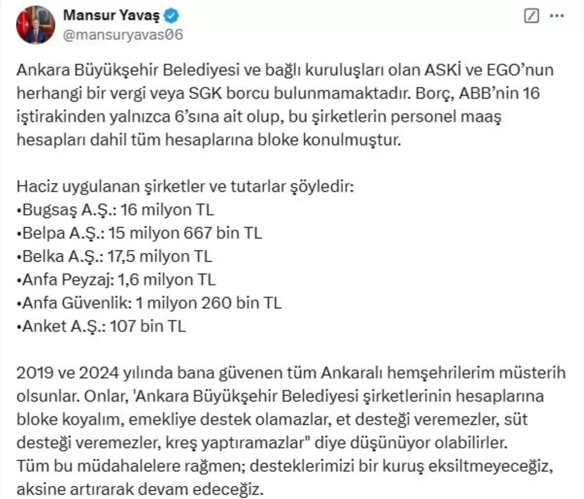 Yavaş: 6 Şirketin Hesaplarına Haciz Geldi