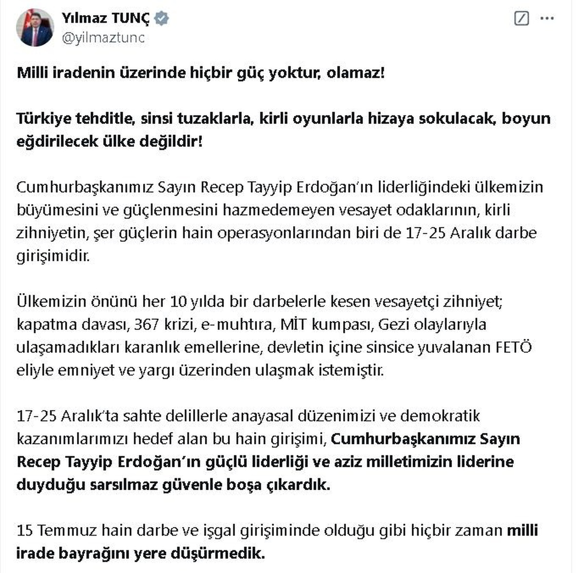 Bakan Tunç\'tan, \'17-25 Aralık\' açıklaması