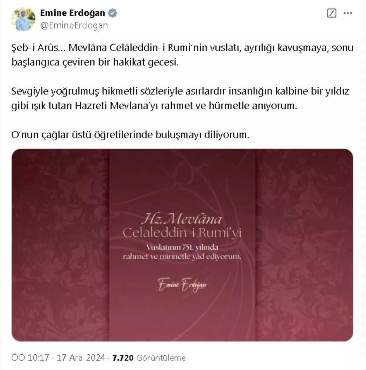 Emine Erdoğan\'dan Mevlana Mesajı