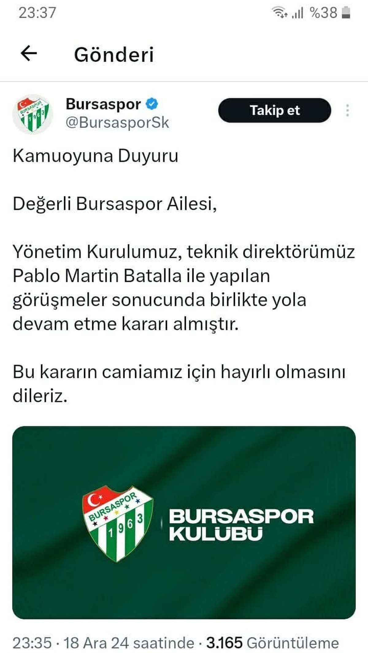 Bursaspor, Teknik Direktör Batalla ile Yola Devam Ediyor