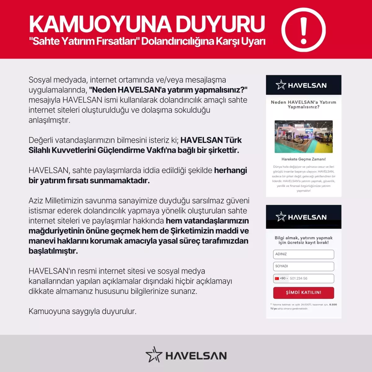 HAVELSAN\'dan Sahte Yatırım Sitelerine Karşı Uyarı