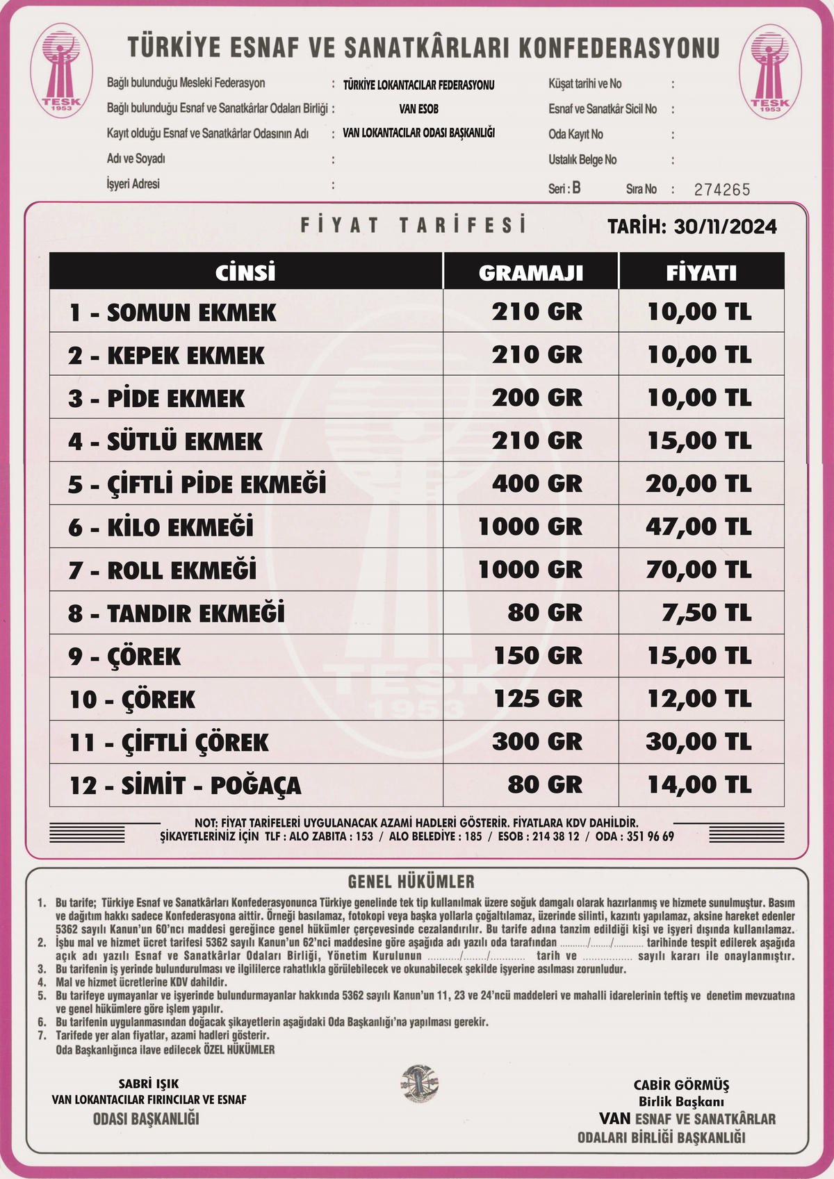 Van\'da Ekmek Fiyatlarına Zam