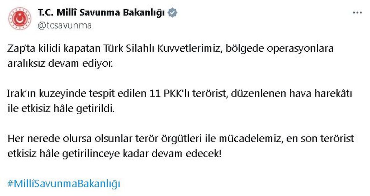 MSB: Irak\'ın Kuzeyinde 11 PKK\'lı Terörist Etkisiz Hale Getirildi